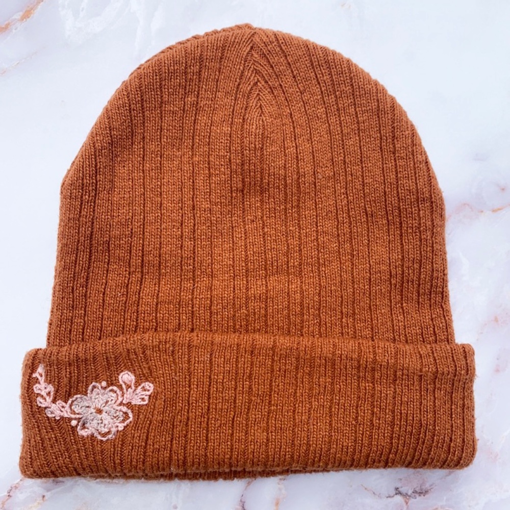 Hand Embroidered Winter Hat Copper Cognac Brown Pink Floral Women's Beanie Hat